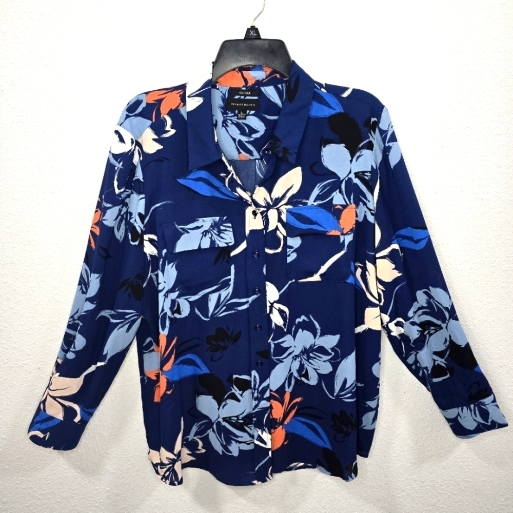 Olivia Investments Womens Floral Button-Up Long Sleeves Blouse Size L